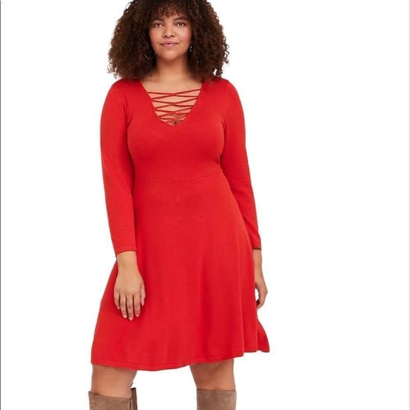 torrid Dresses & Skirts - Torrid Red Long Sleeve Lattice Front Knit Sweater Skater Dress Size 2 NWT